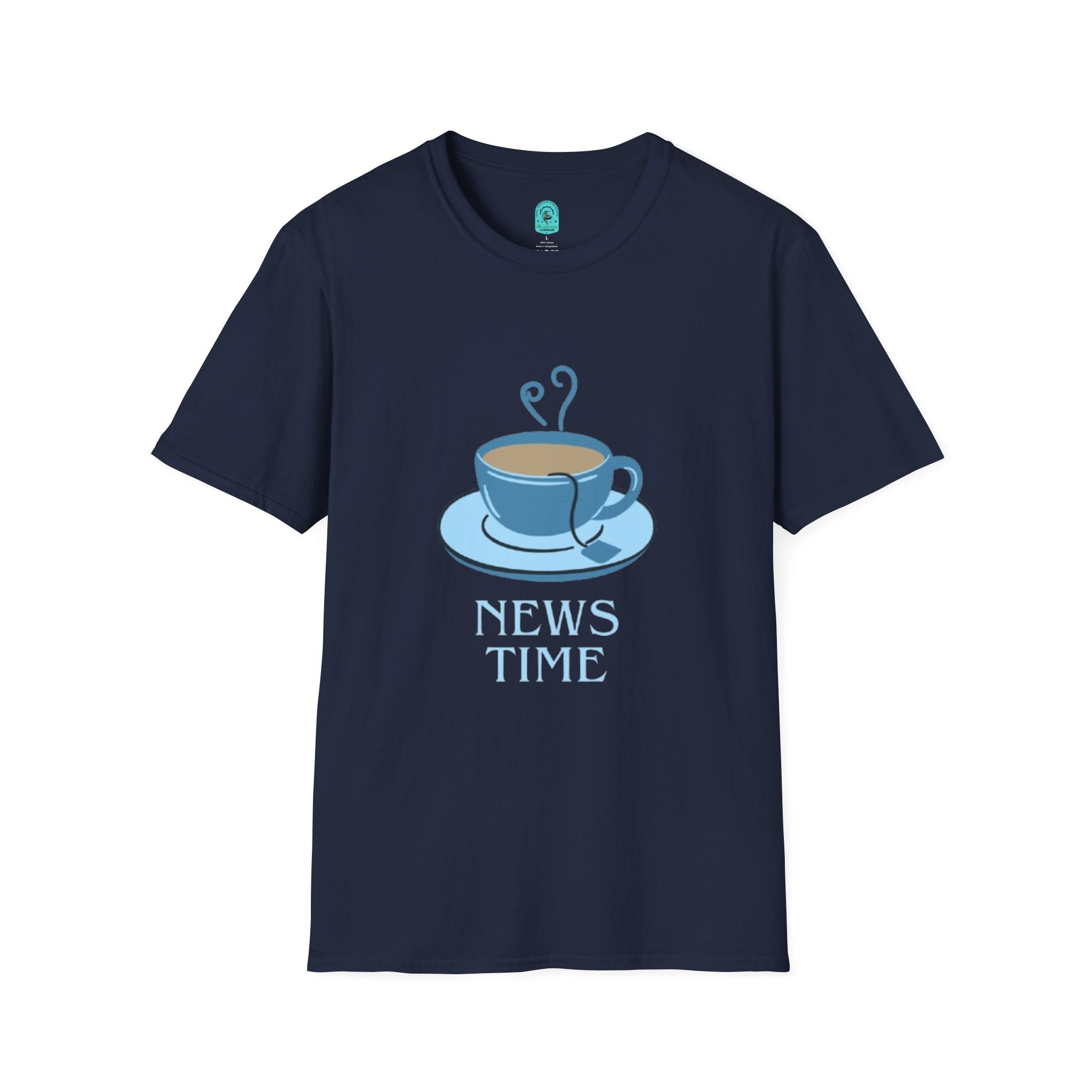 T-Shirt — Blue Coffee Cup "News Time" Graphic