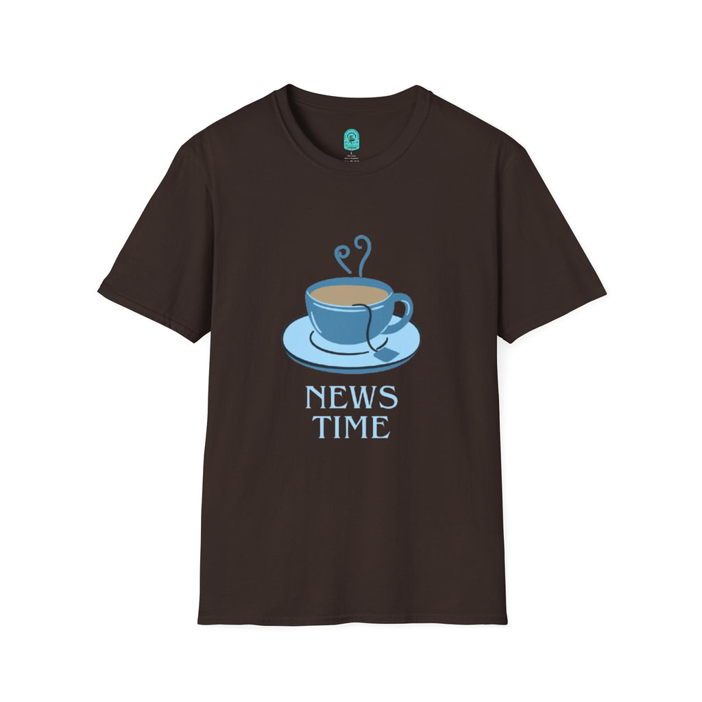 T-Shirt — Blue Coffee Cup "News Time" Graphic