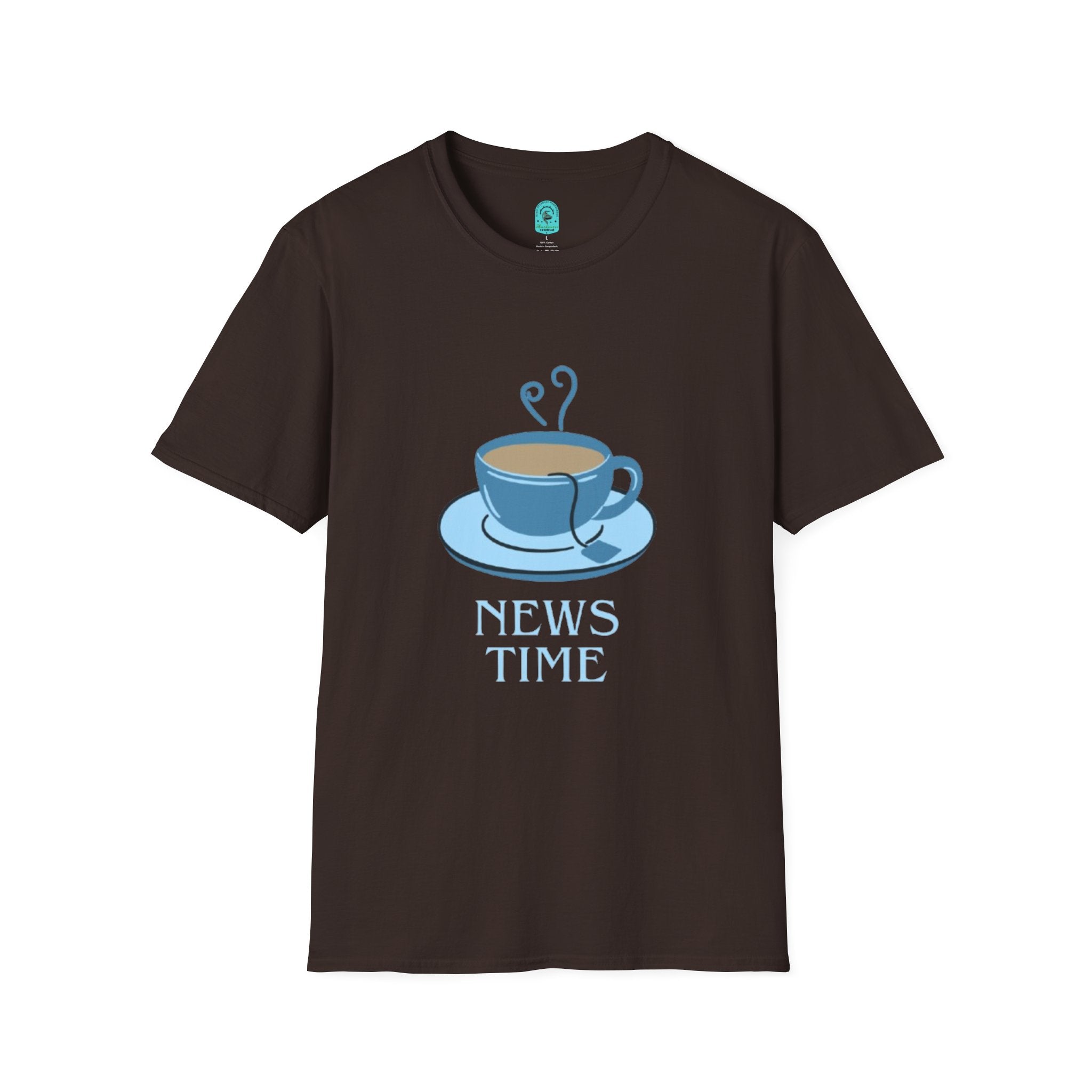 T-Shirt — Blue Coffee Cup "News Time" Graphic
