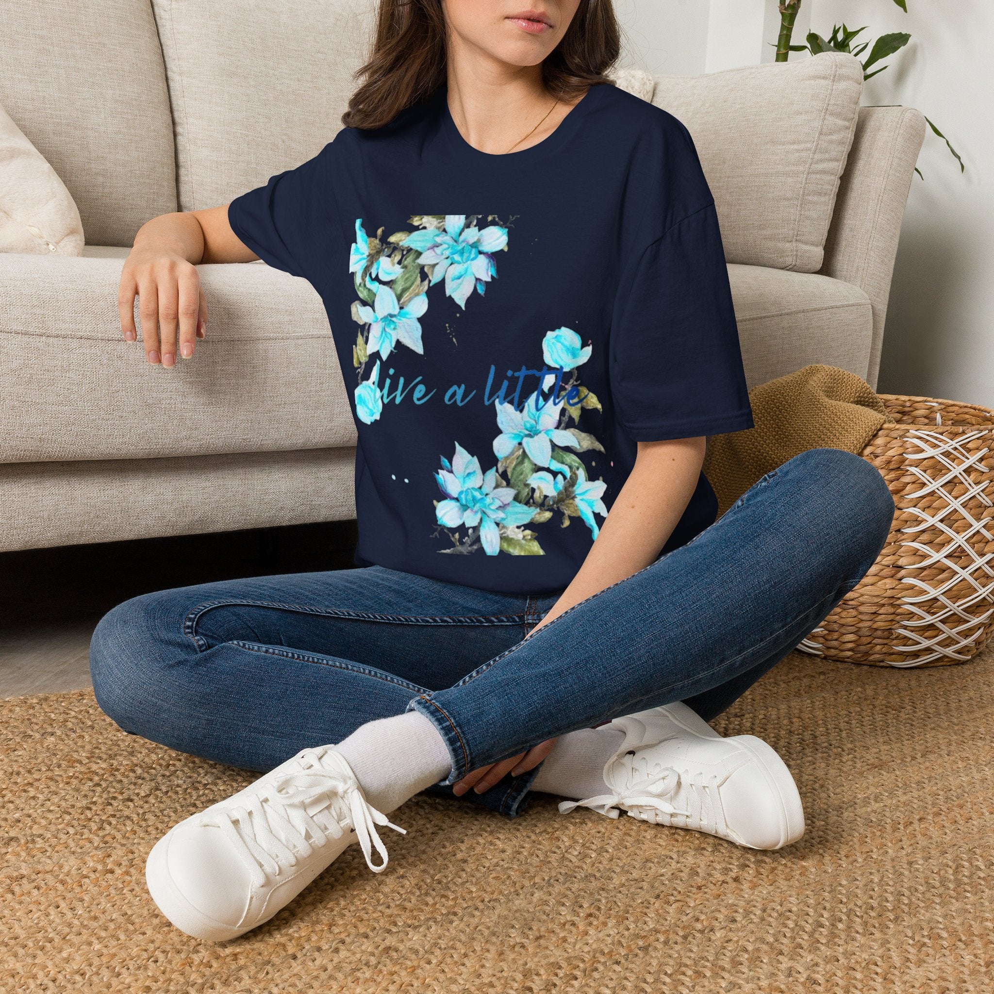 Floral 'Give a Little' Tee – Blue Watercolor Flower T-Shirt