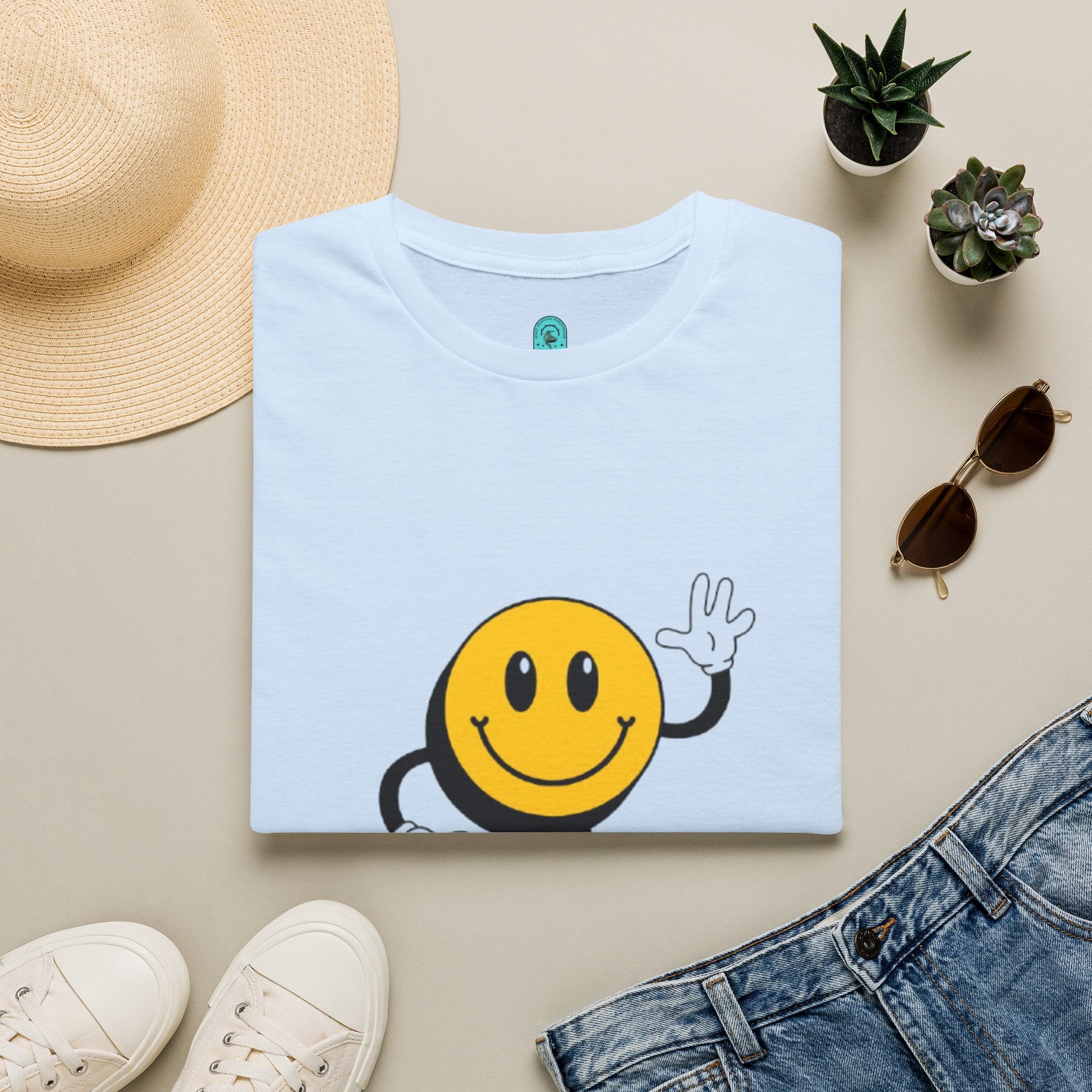 Smiley Waving T‑Shirt — Retro Happy Face Graphic Tee