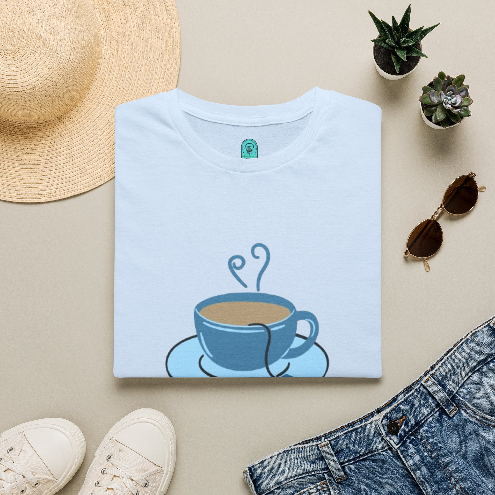 T-Shirt — Blue Coffee Cup "News Time" Graphic