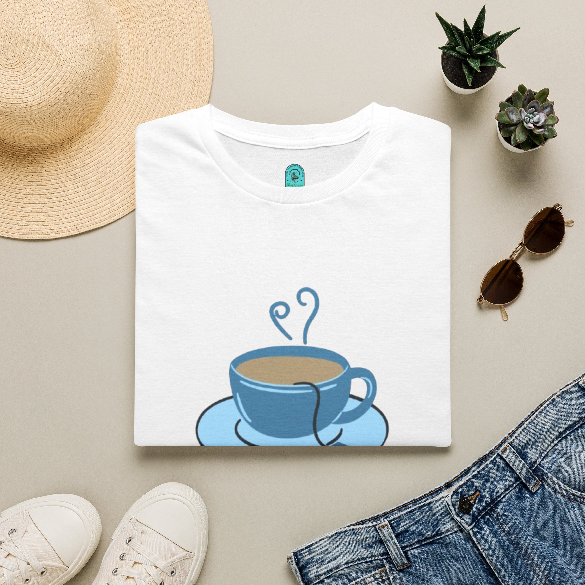 T-Shirt — Blue Coffee Cup "News Time" Graphic
