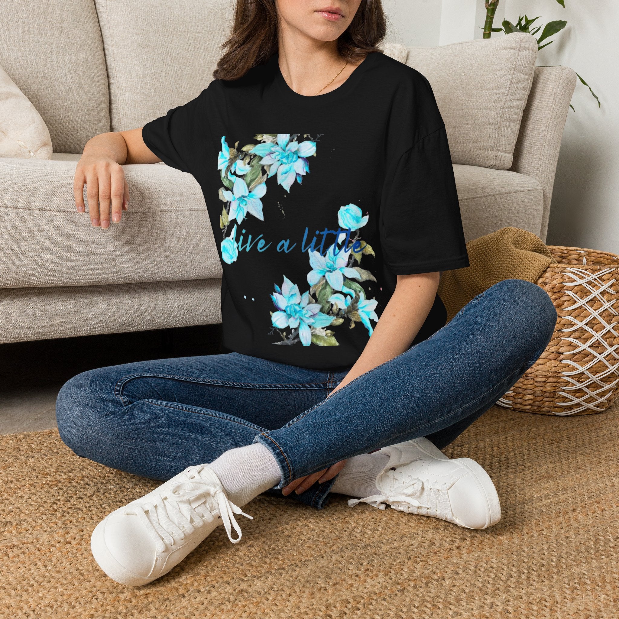 Floral 'Give a Little' Tee – Blue Watercolor Flower T-Shirt