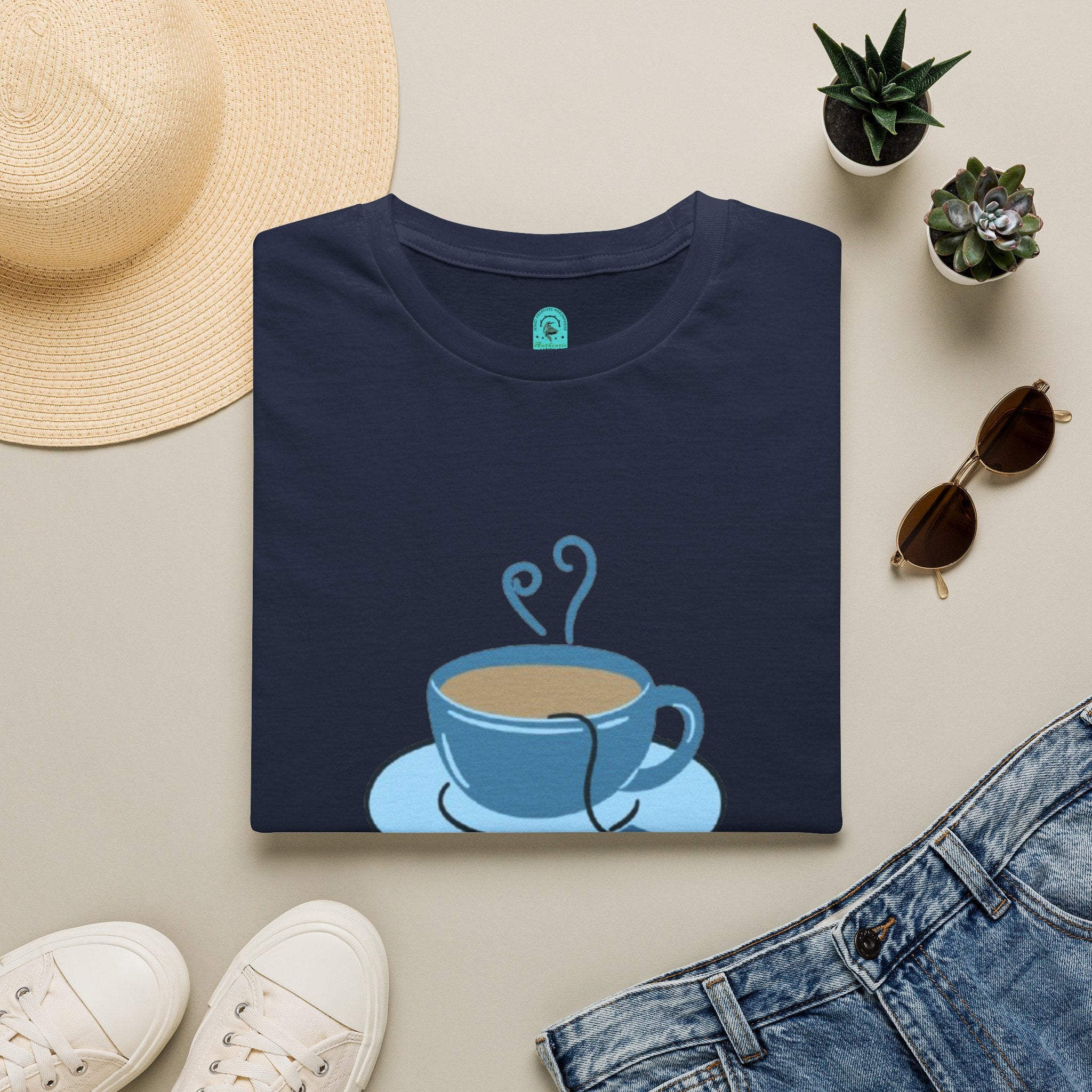 T-Shirt — Blue Coffee Cup "News Time" Graphic