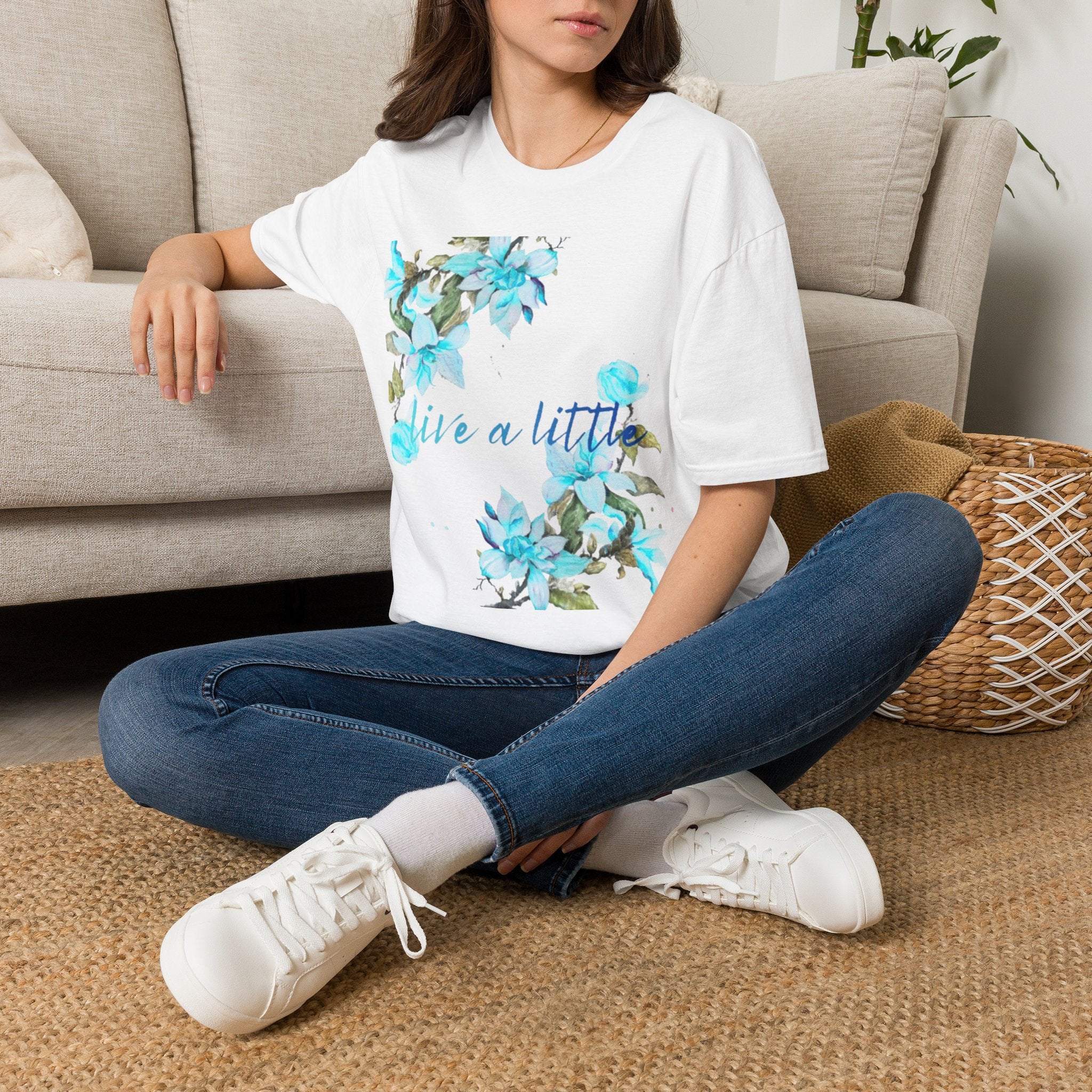 Floral 'Give a Little' Tee – Blue Watercolor Flower T-Shirt