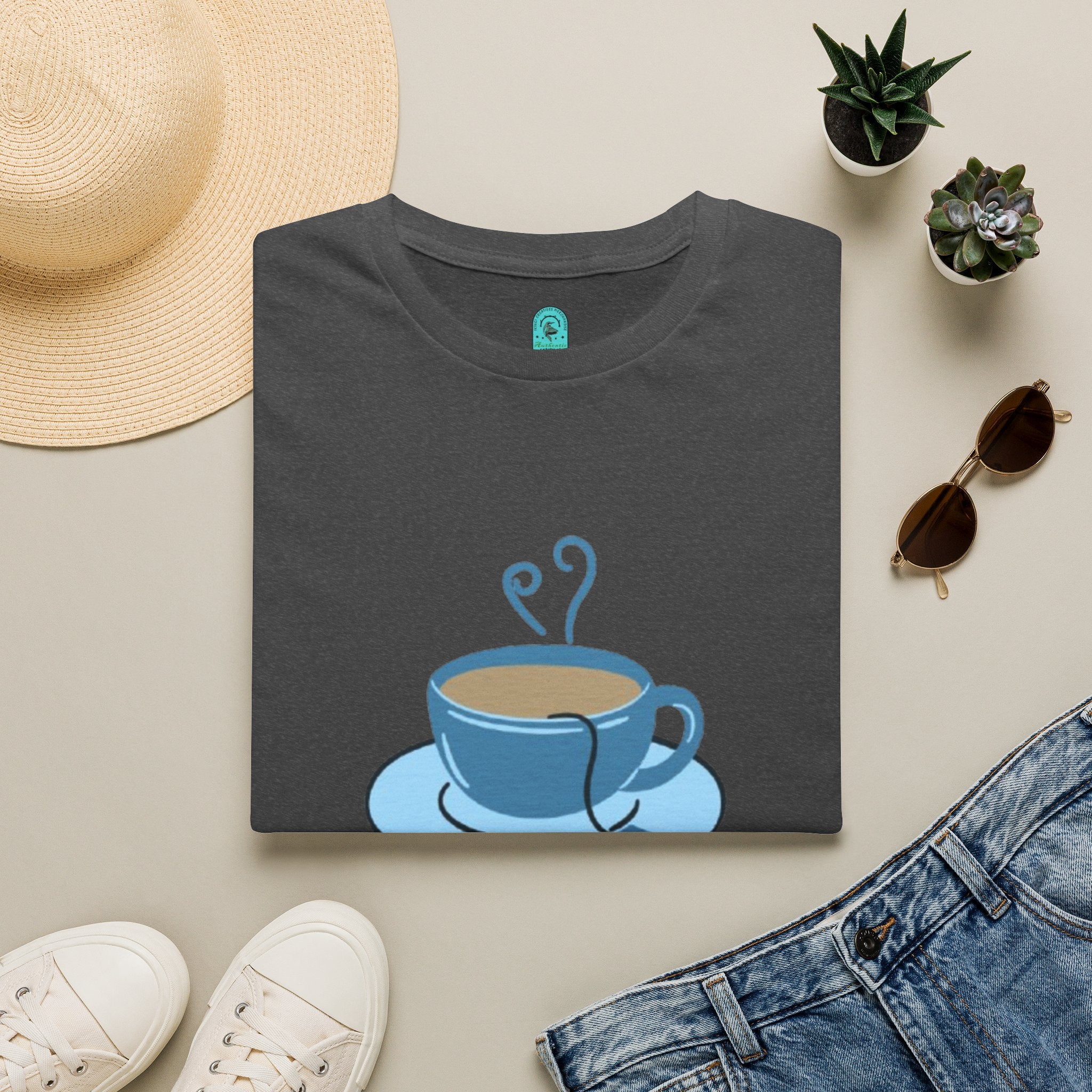 T-Shirt — Blue Coffee Cup "News Time" Graphic