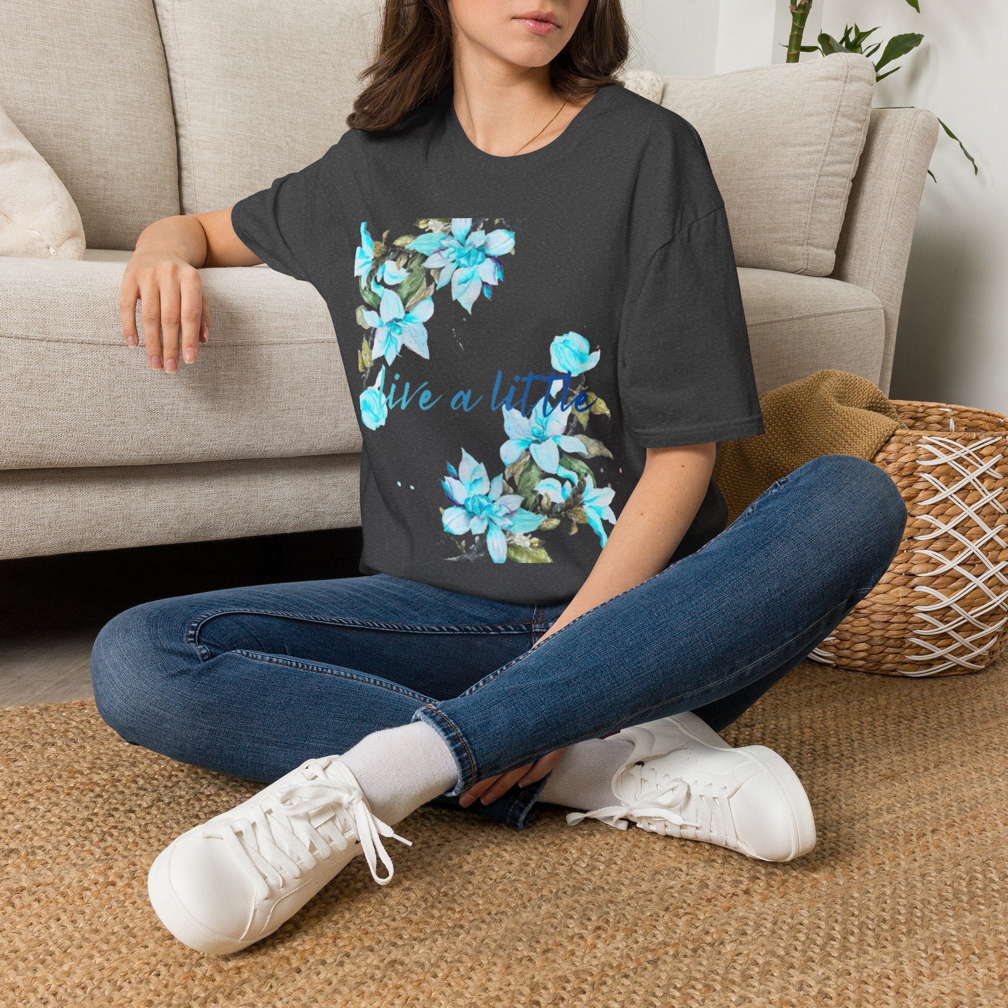 Floral 'Give a Little' Tee – Blue Watercolor Flower T-Shirt