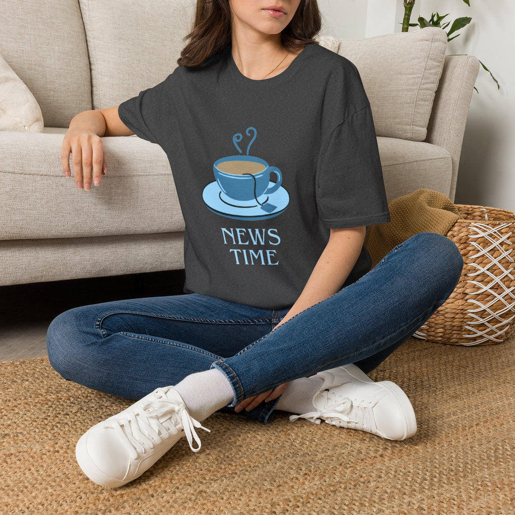 T-Shirt — Blue Coffee Cup "News Time" Graphic