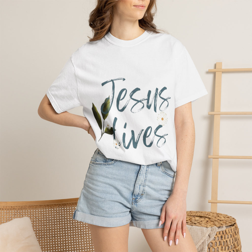Jesus Lives T-Shirt — Floral Script Christian Tee