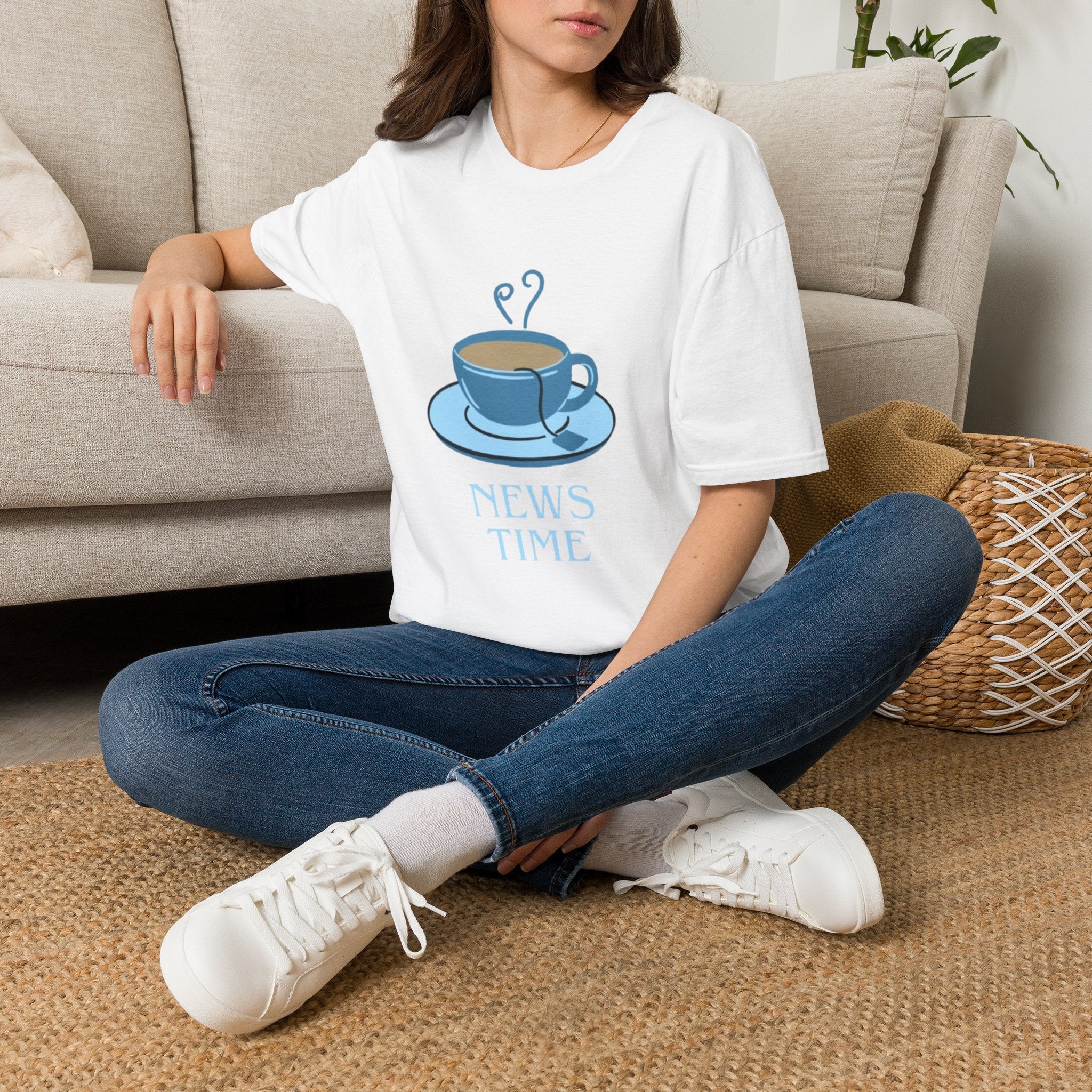 T-Shirt — Blue Coffee Cup "News Time" Graphic