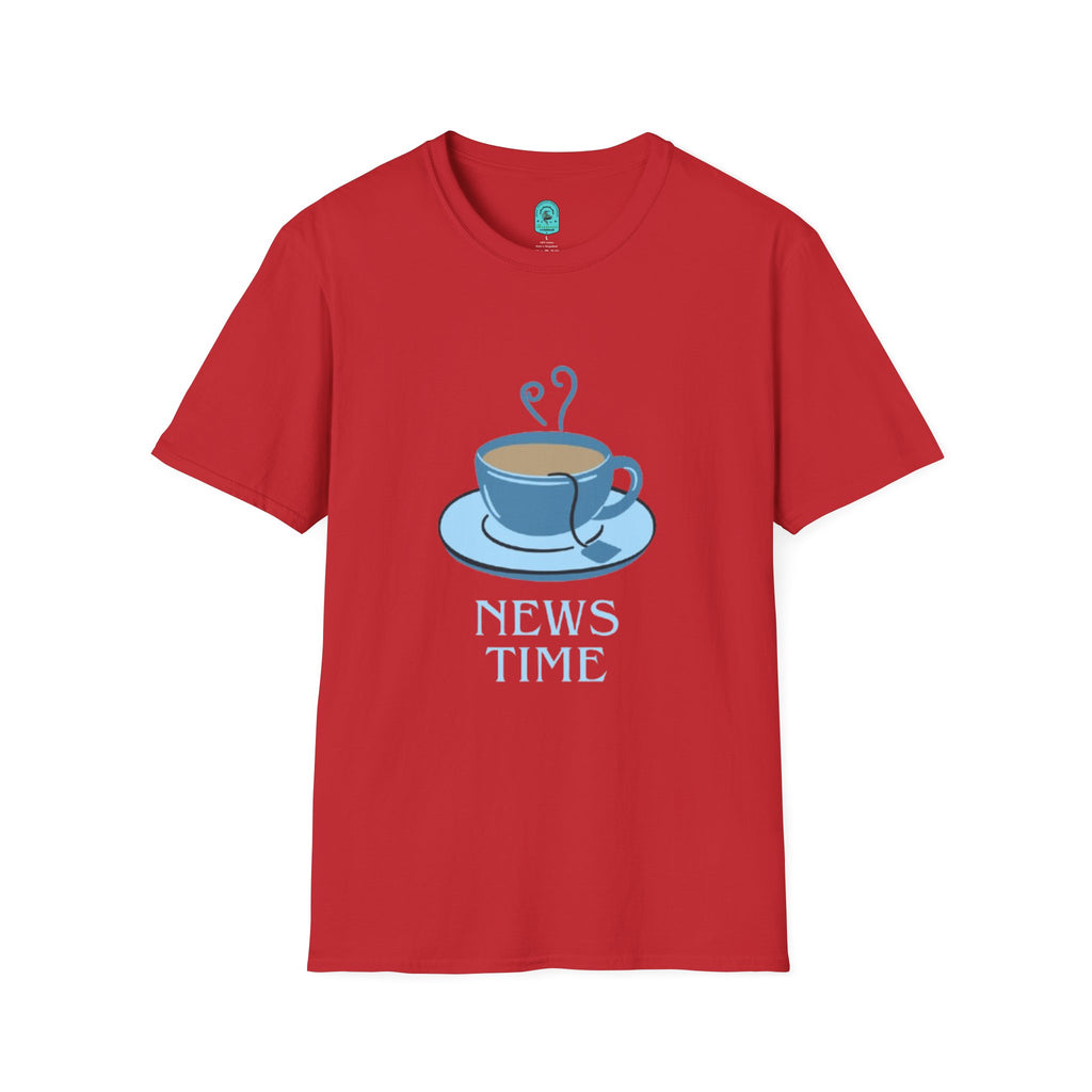 T-Shirt — Blue Coffee Cup "News Time" Graphic