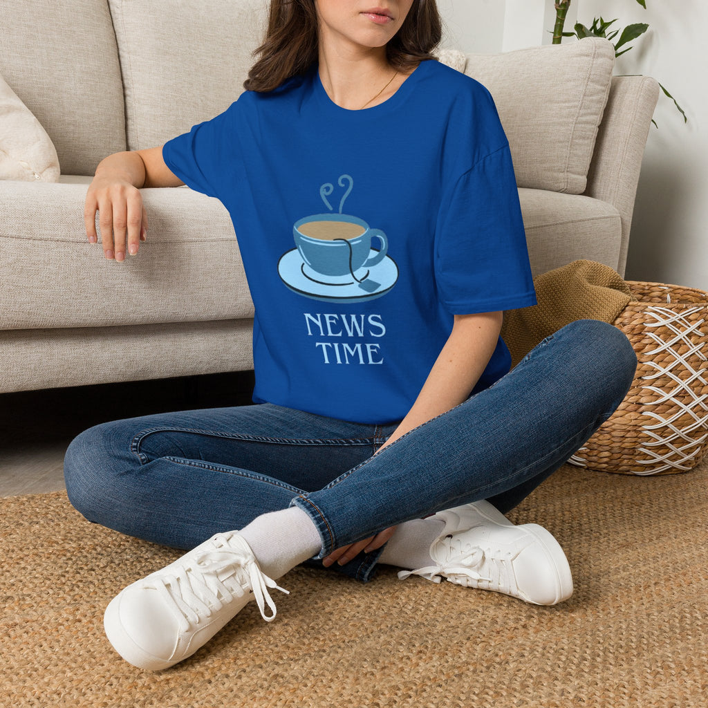 T-Shirt — Blue Coffee Cup "News Time" Graphic