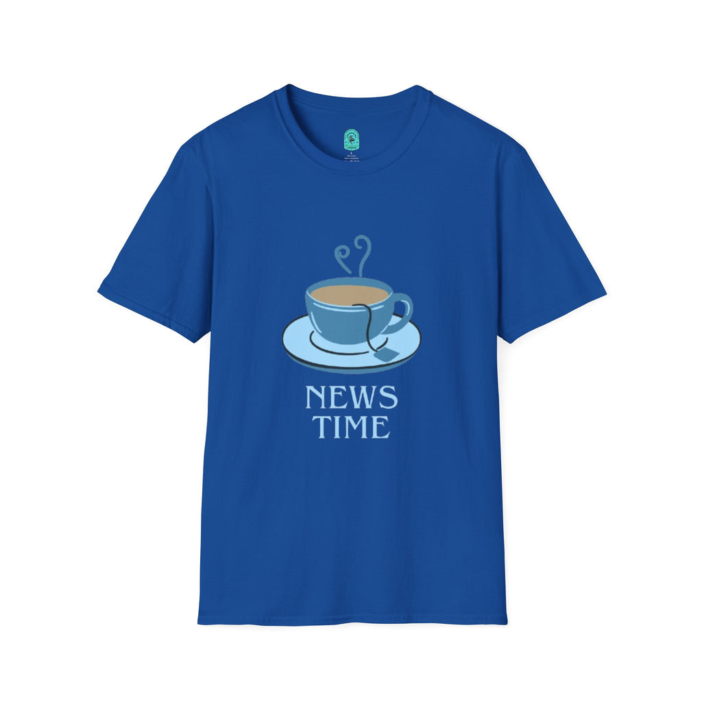 T-Shirt — Blue Coffee Cup "News Time" Graphic