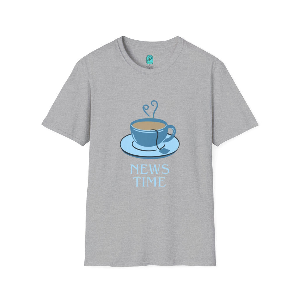 T-Shirt — Blue Coffee Cup "News Time" Graphic