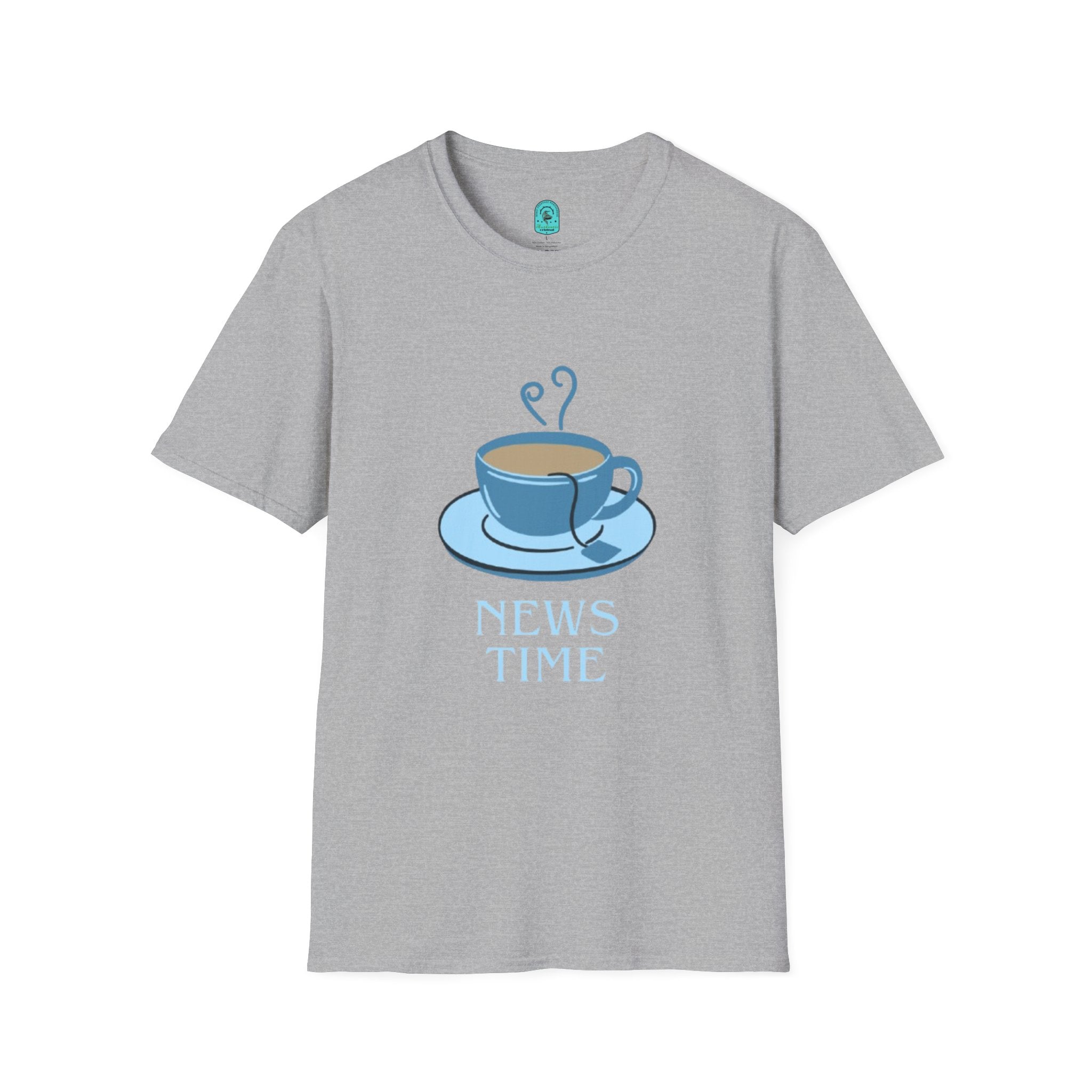 T-Shirt — Blue Coffee Cup "News Time" Graphic