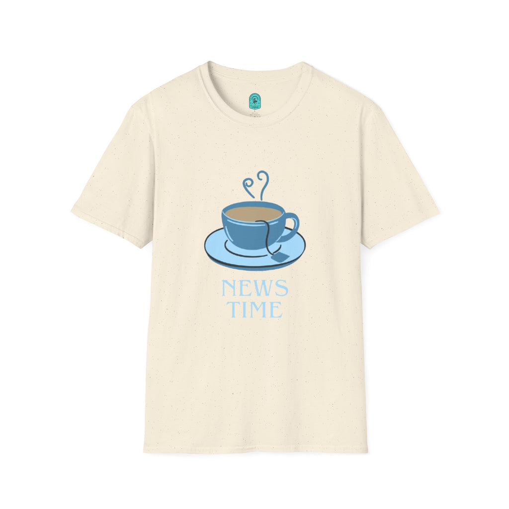 T-Shirt — Blue Coffee Cup "News Time" Graphic