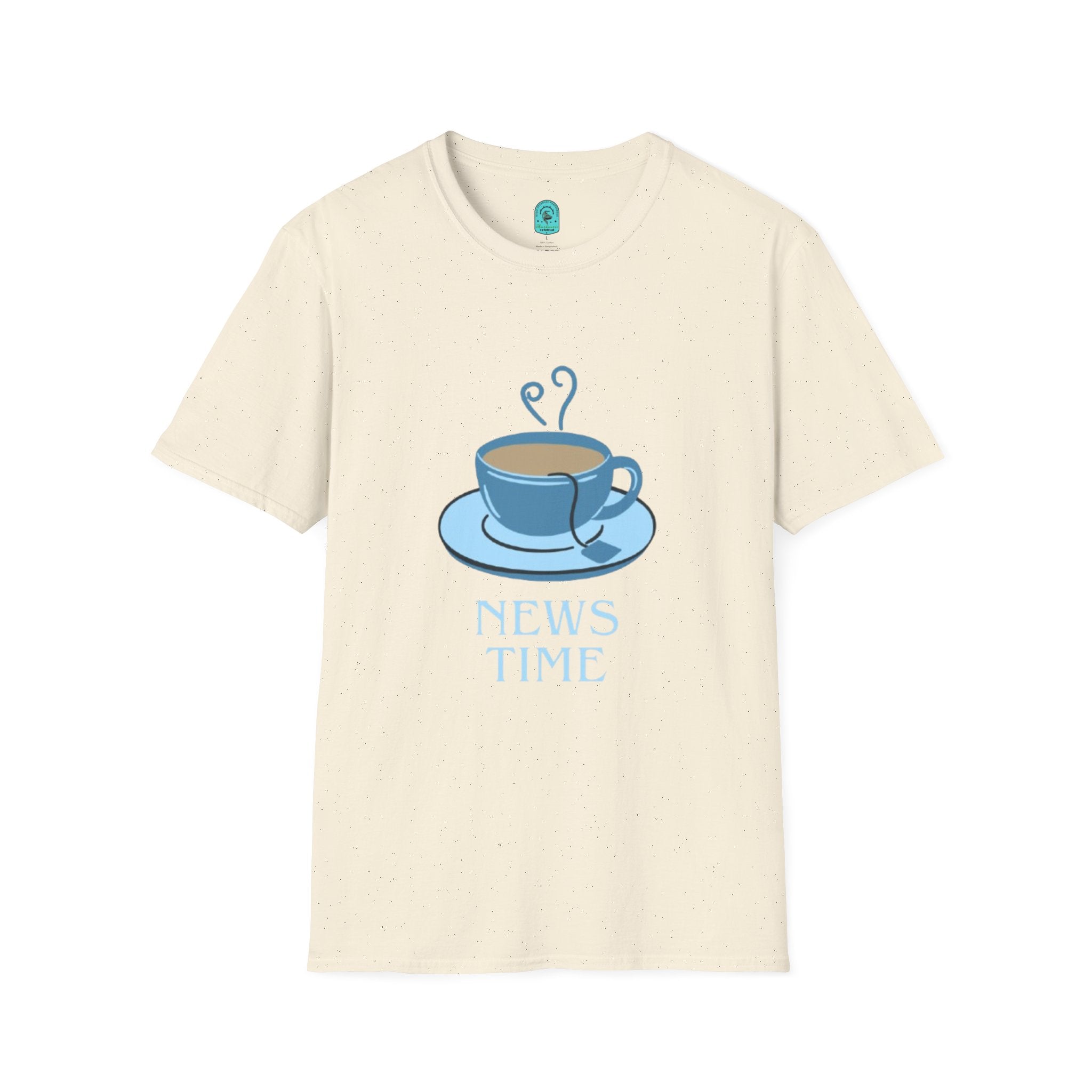 T-Shirt — Blue Coffee Cup "News Time" Graphic