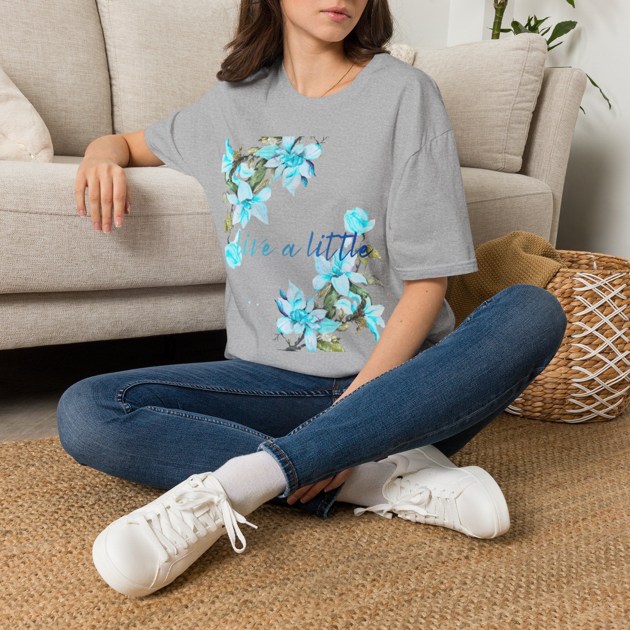 Floral 'Give a Little' Tee – Blue Watercolor Flower T-Shirt