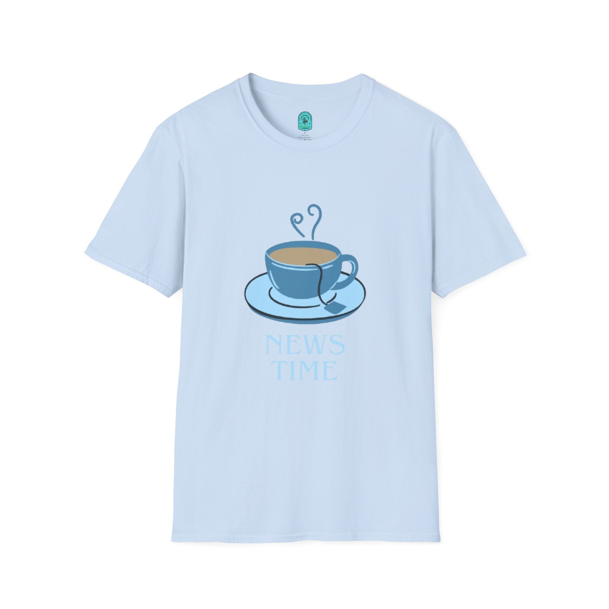 T-Shirt — Blue Coffee Cup "News Time" Graphic