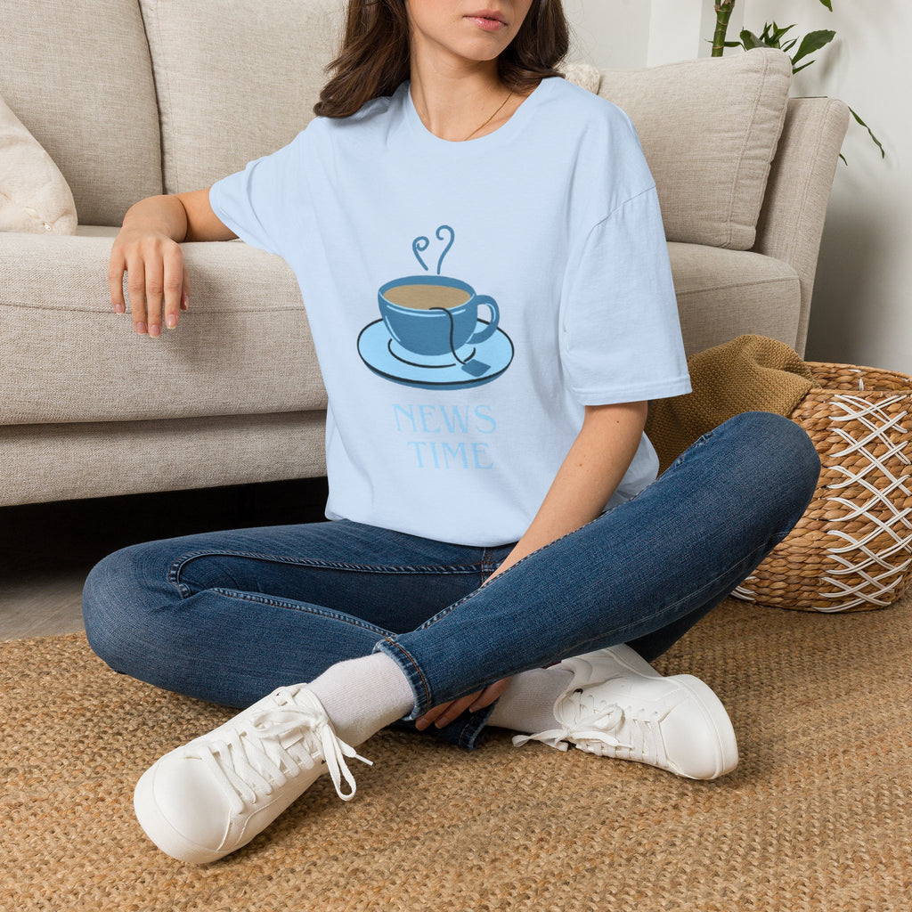 T-Shirt — Blue Coffee Cup "News Time" Graphic