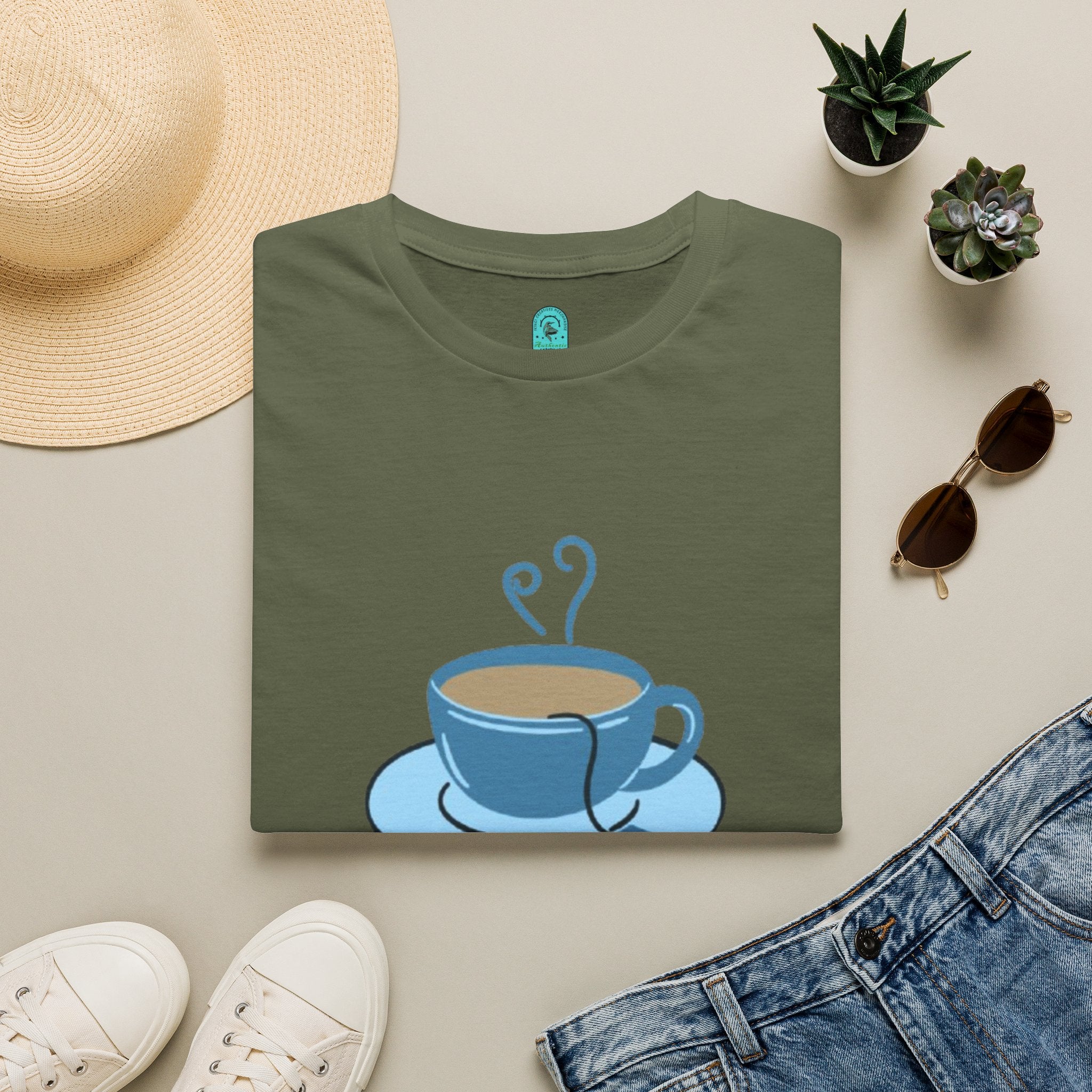 T-Shirt — Blue Coffee Cup "News Time" Graphic