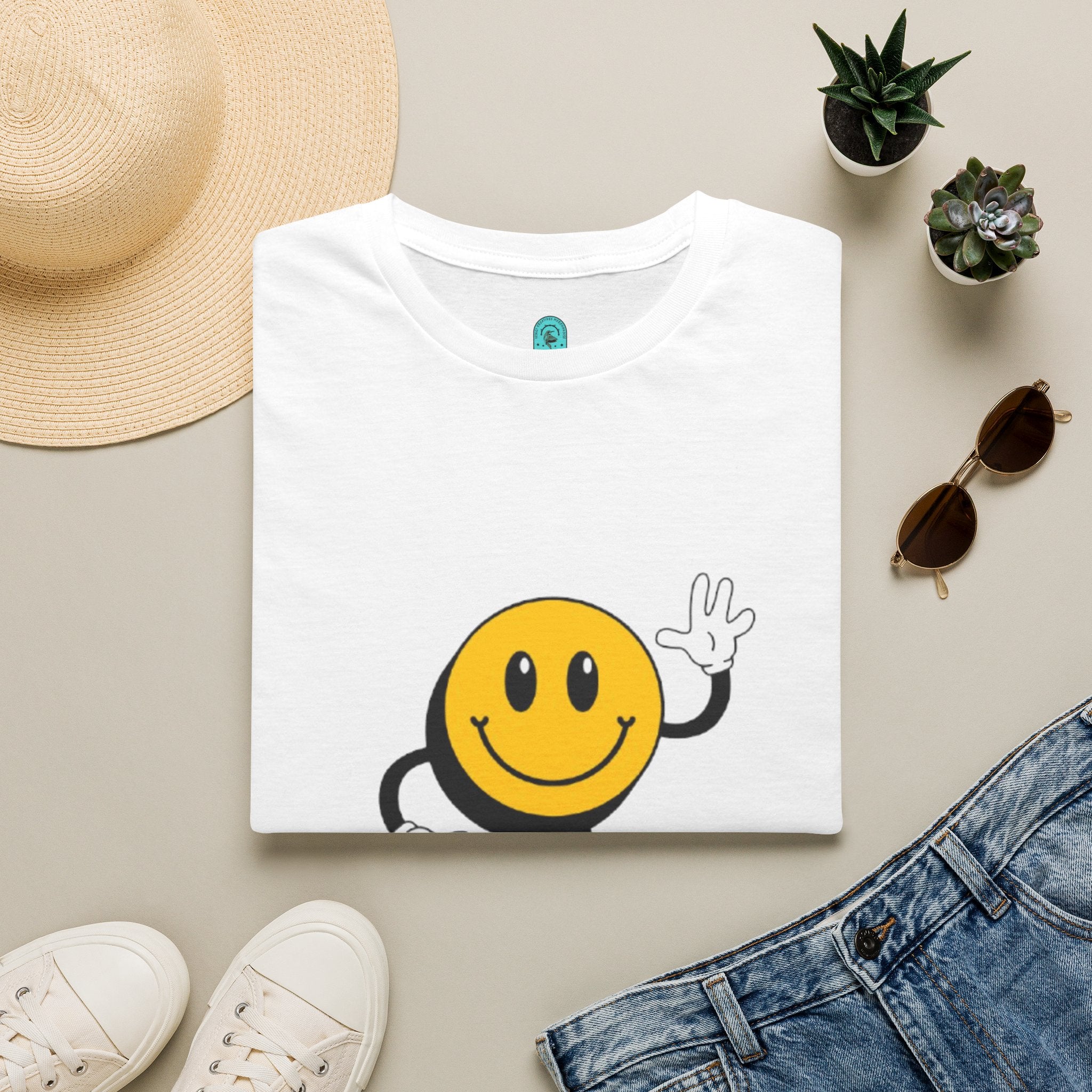 Smiley Waving T‑Shirt — Retro Happy Face Graphic Tee