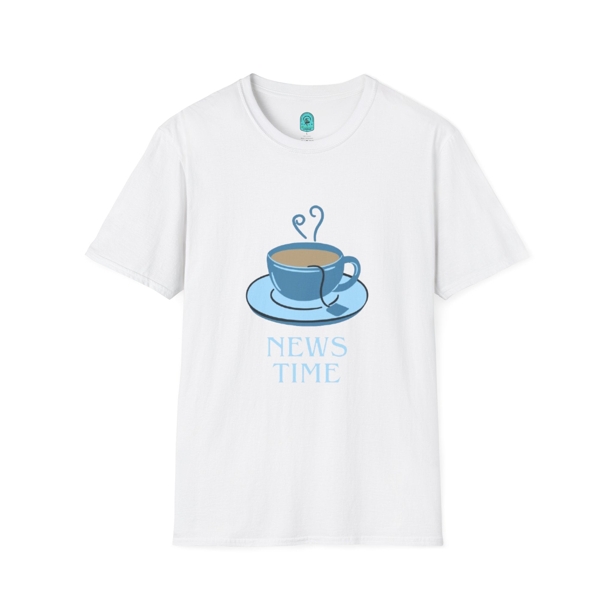 T-Shirt — Blue Coffee Cup "News Time" Graphic