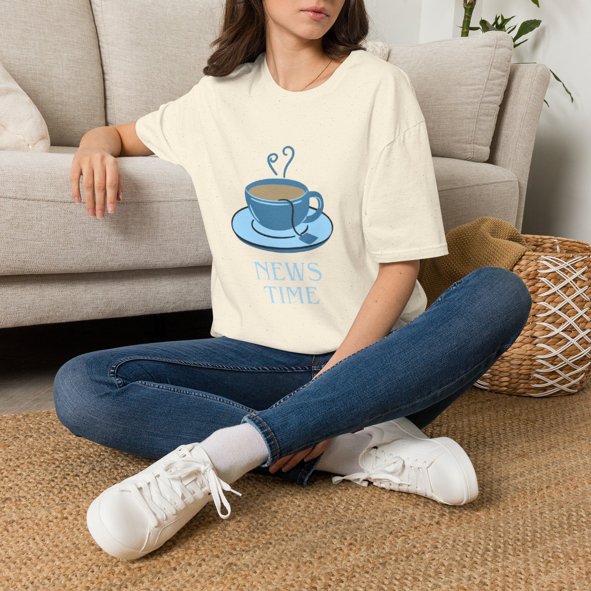 T-Shirt — Blue Coffee Cup "News Time" Graphic