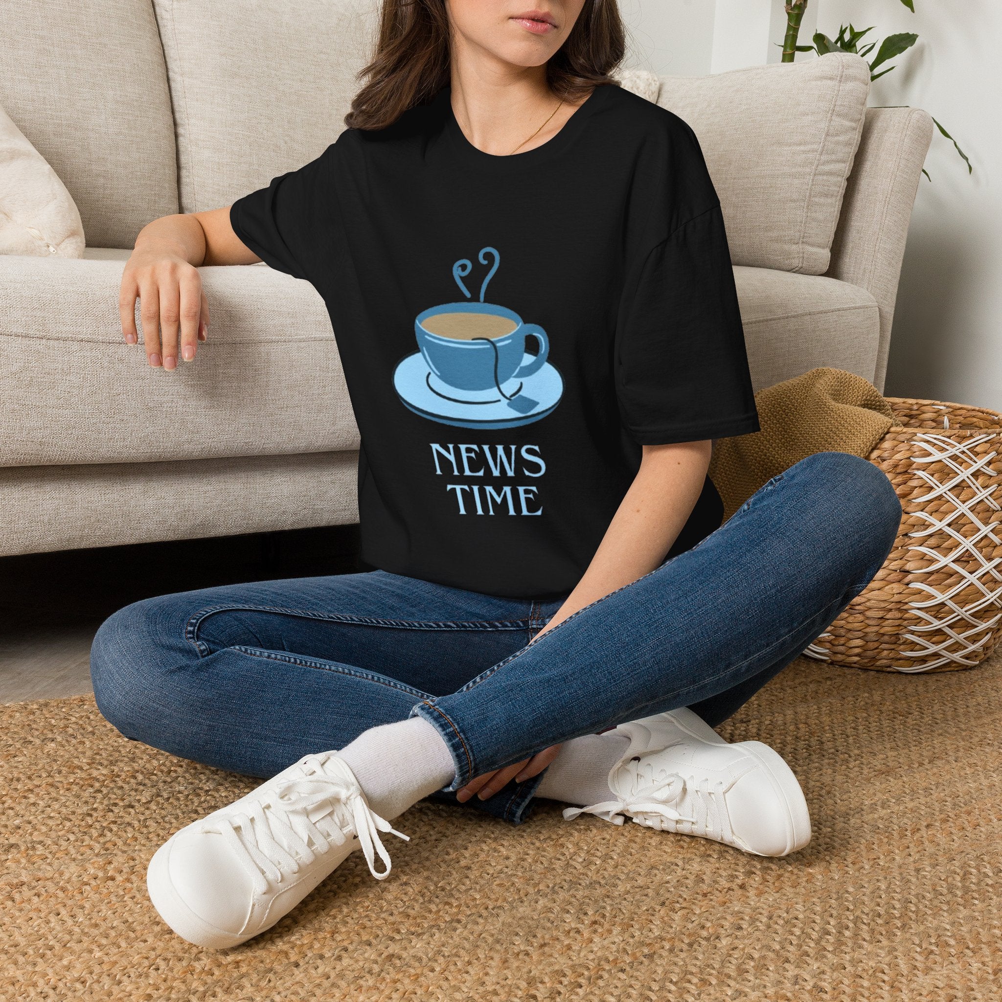 T-Shirt — Blue Coffee Cup "News Time" Graphic