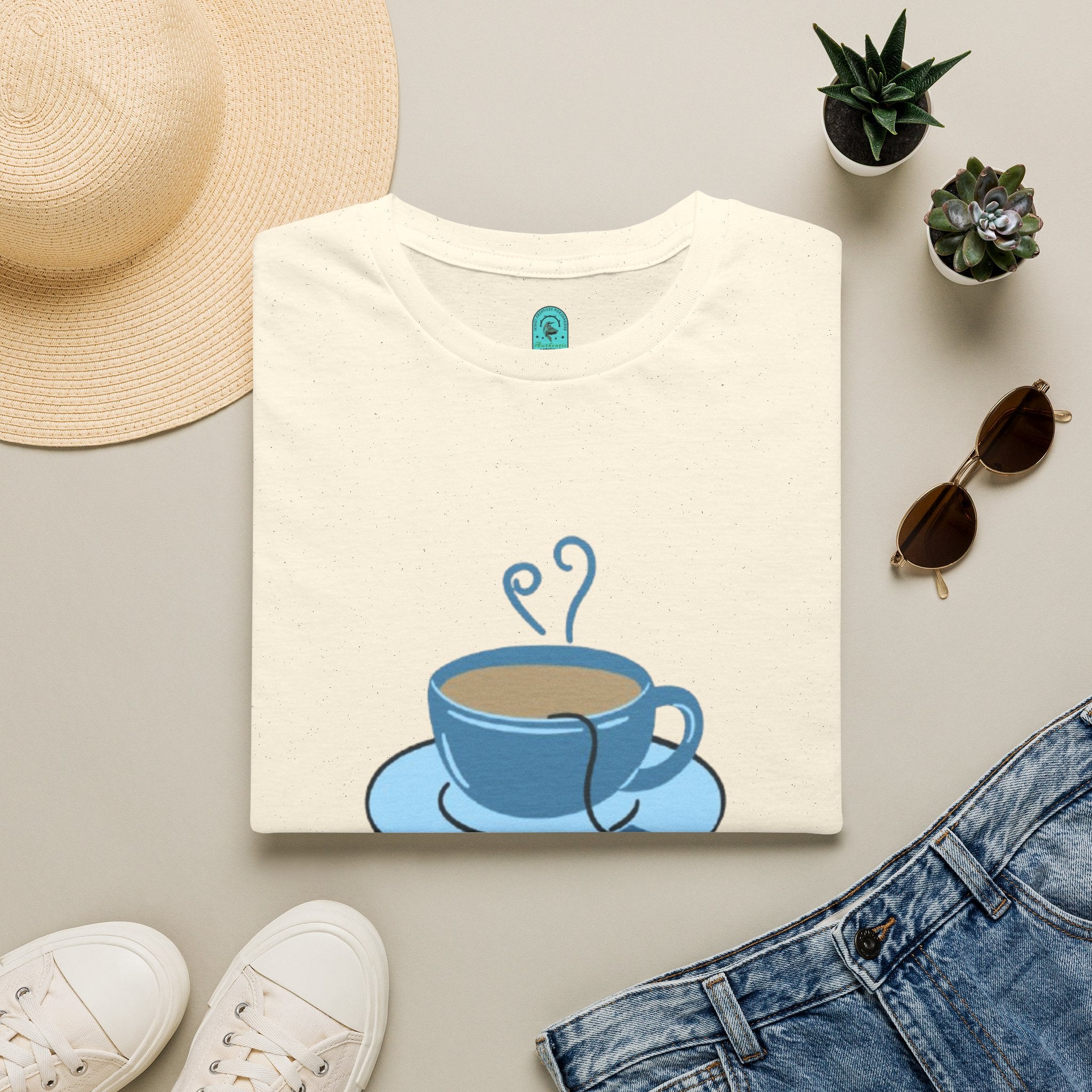 T-Shirt — Blue Coffee Cup "News Time" Graphic