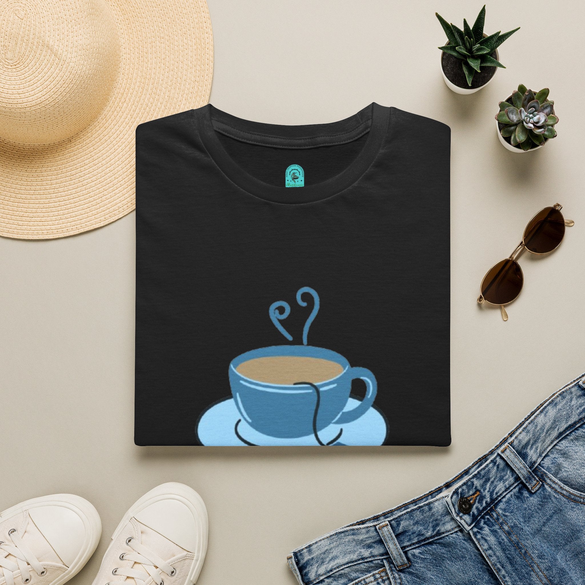 T-Shirt — Blue Coffee Cup "News Time" Graphic