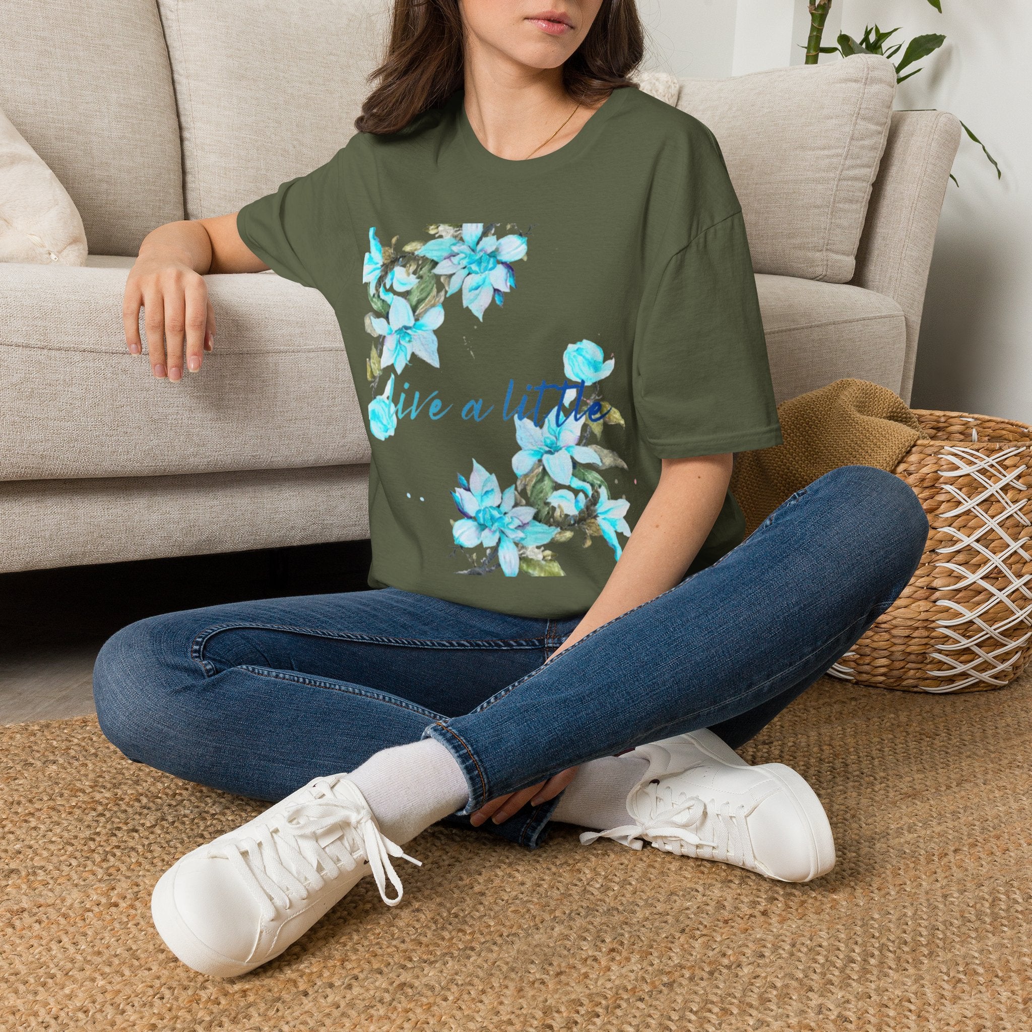 Floral 'Give a Little' Tee – Blue Watercolor Flower T-Shirt