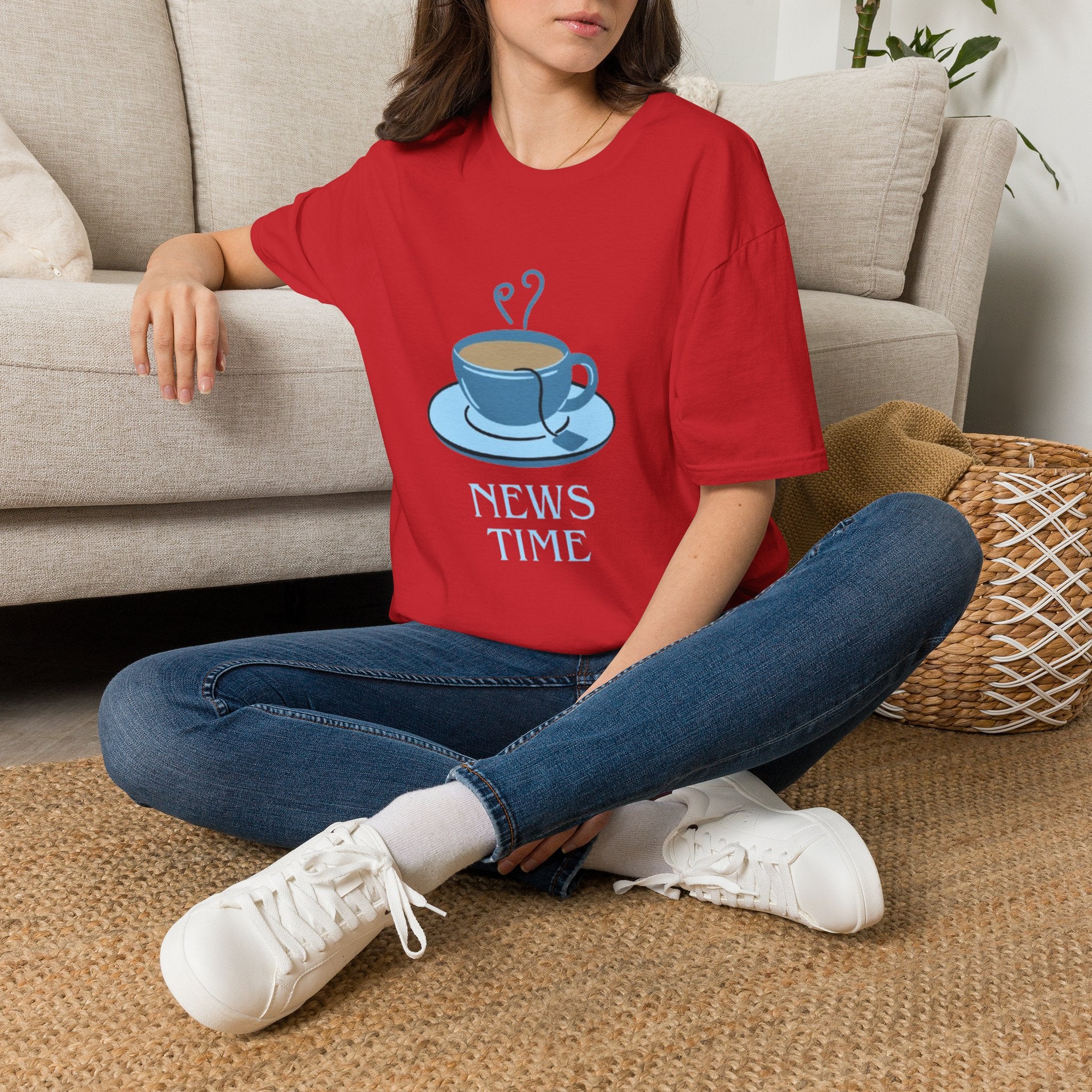 T-Shirt — Blue Coffee Cup "News Time" Graphic
