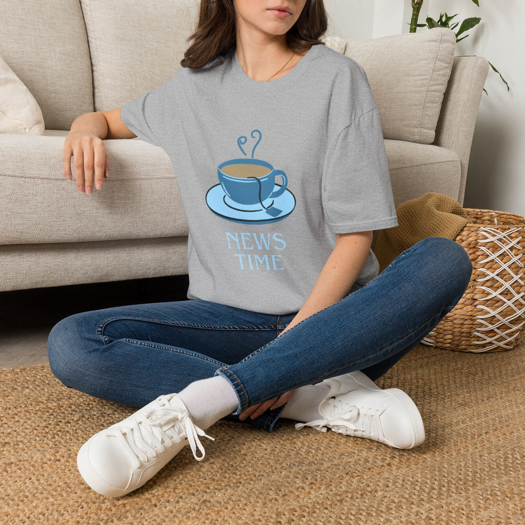 T-Shirt — Blue Coffee Cup "News Time" Graphic