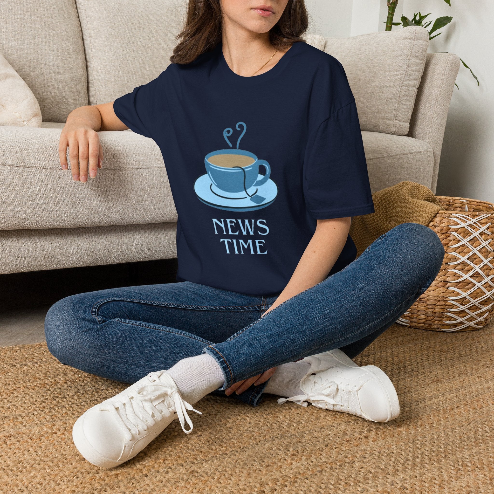 T-Shirt — Blue Coffee Cup "News Time" Graphic