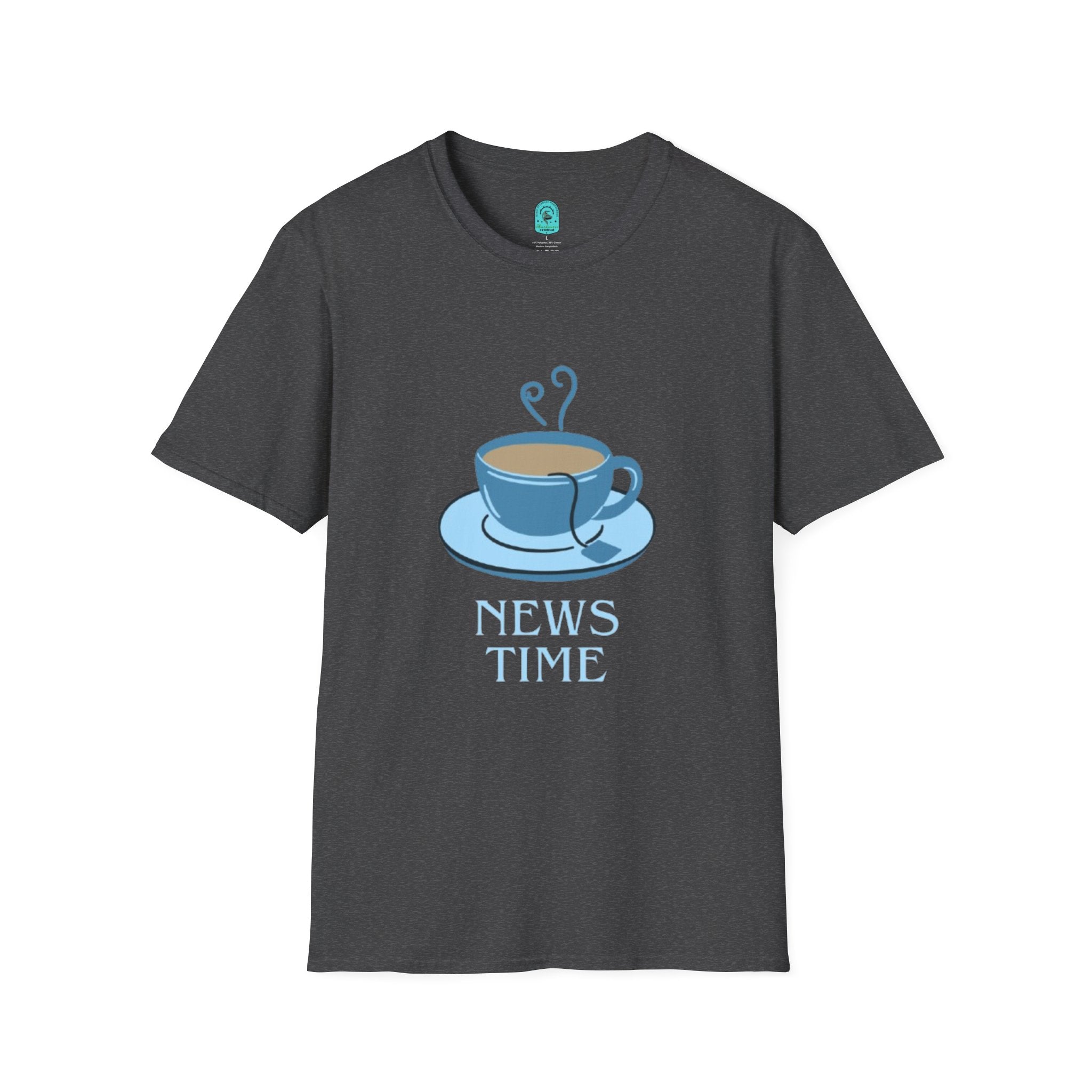 T-Shirt — Blue Coffee Cup "News Time" Graphic