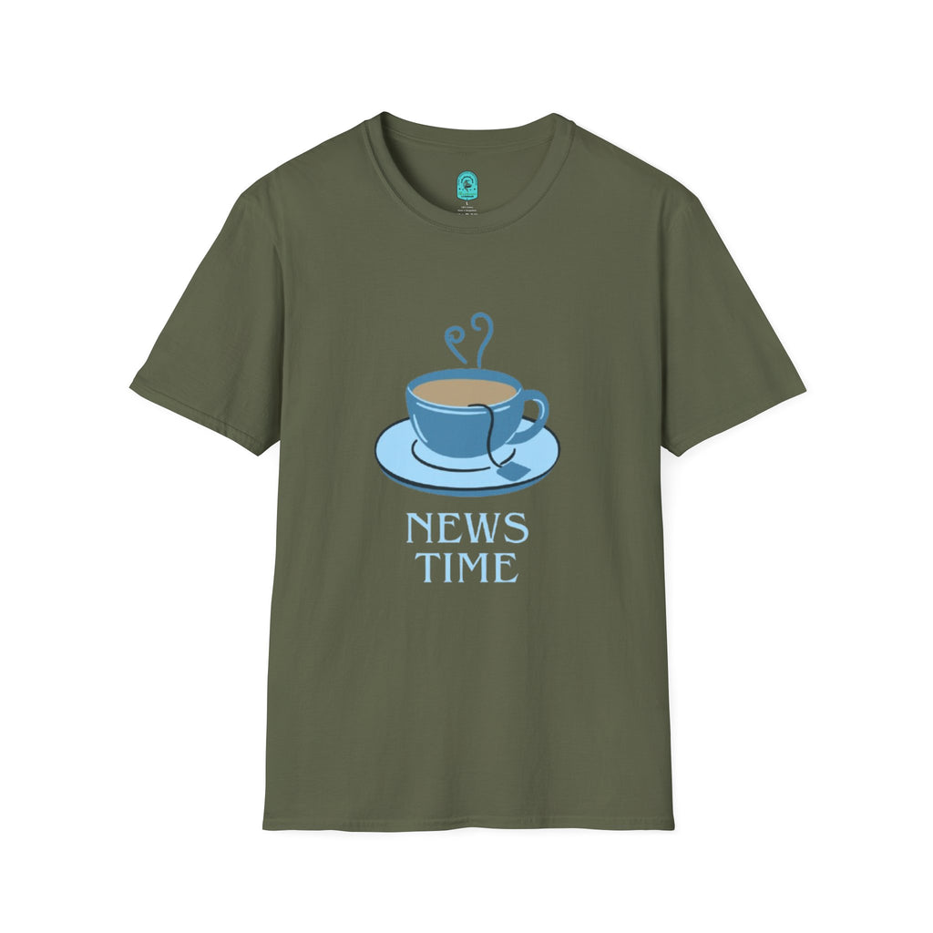 T-Shirt — Blue Coffee Cup "News Time" Graphic