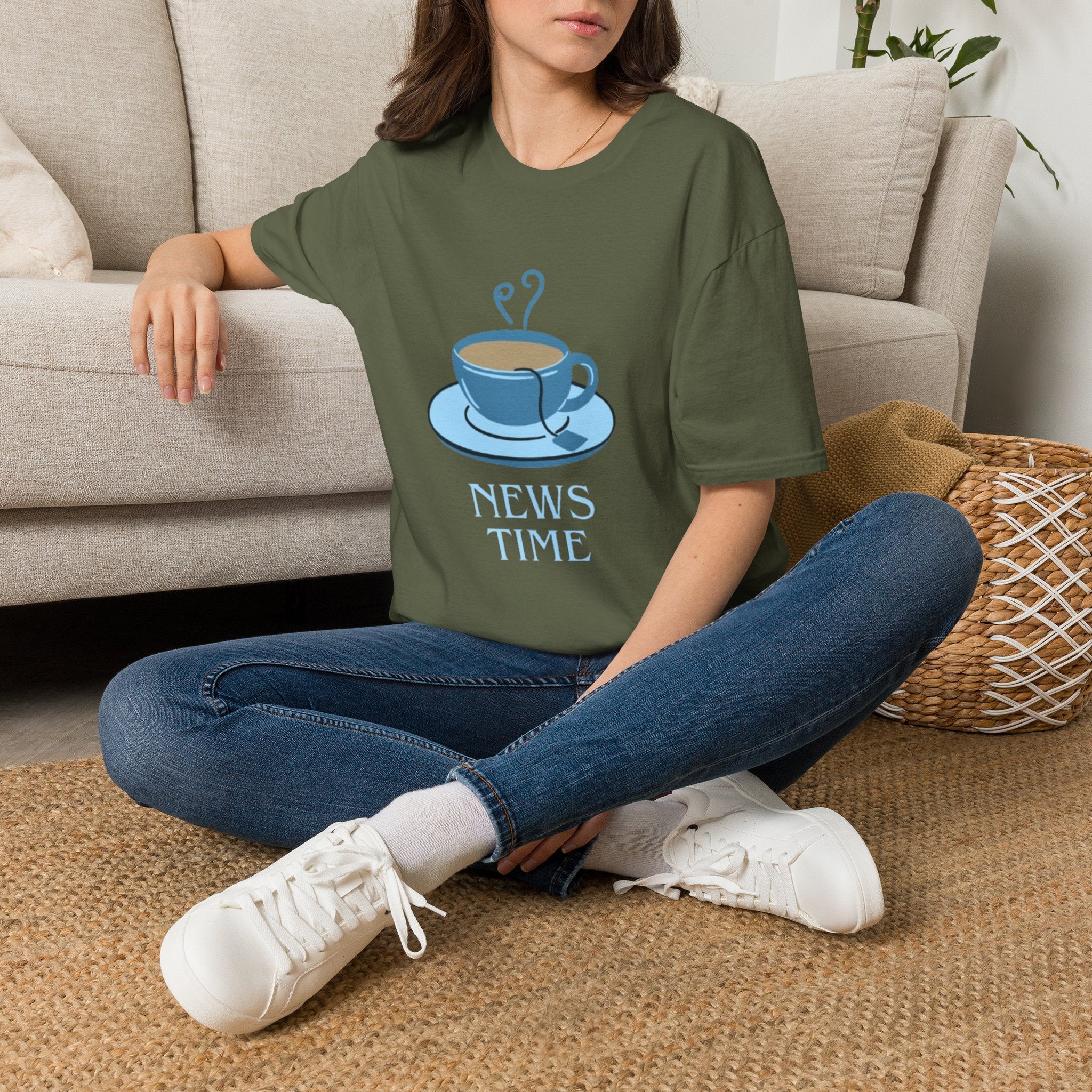 T-Shirt — Blue Coffee Cup "News Time" Graphic