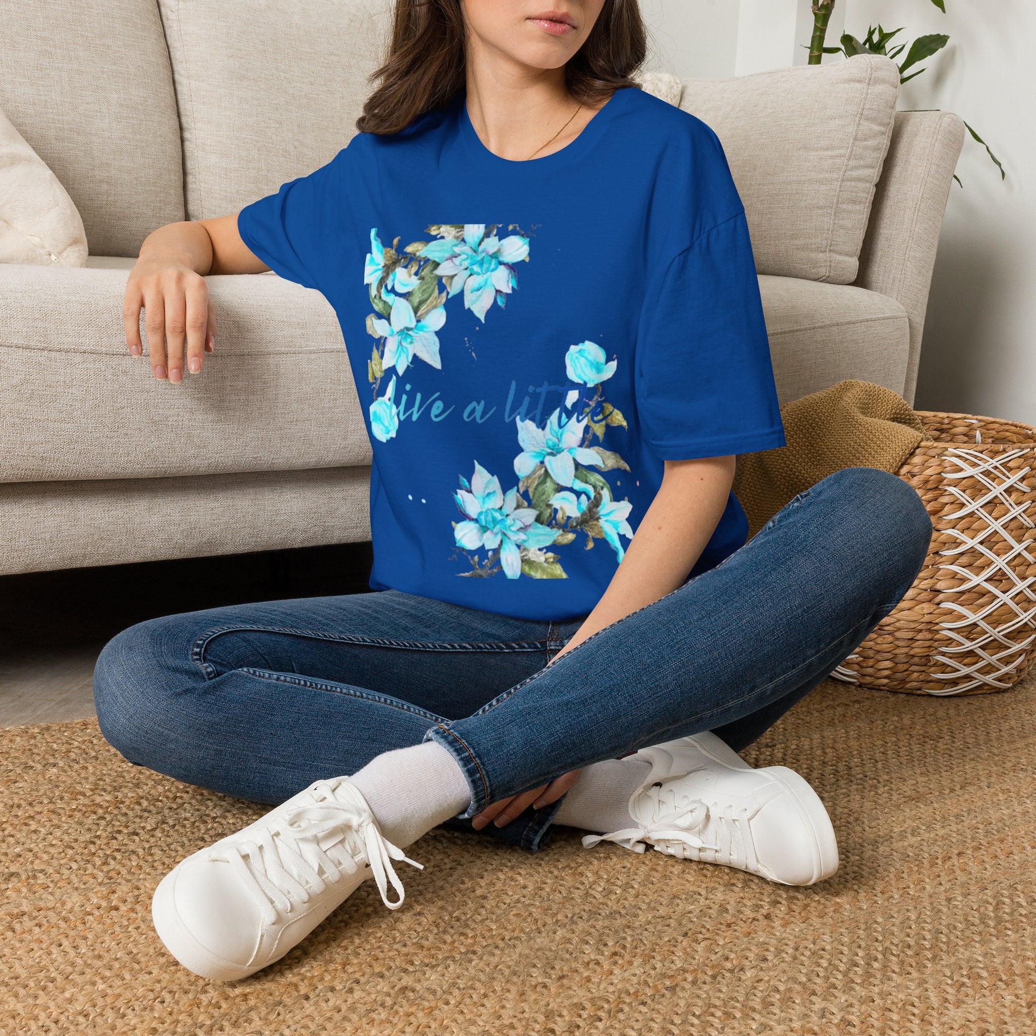 Floral 'Give a Little' Tee – Blue Watercolor Flower T-Shirt