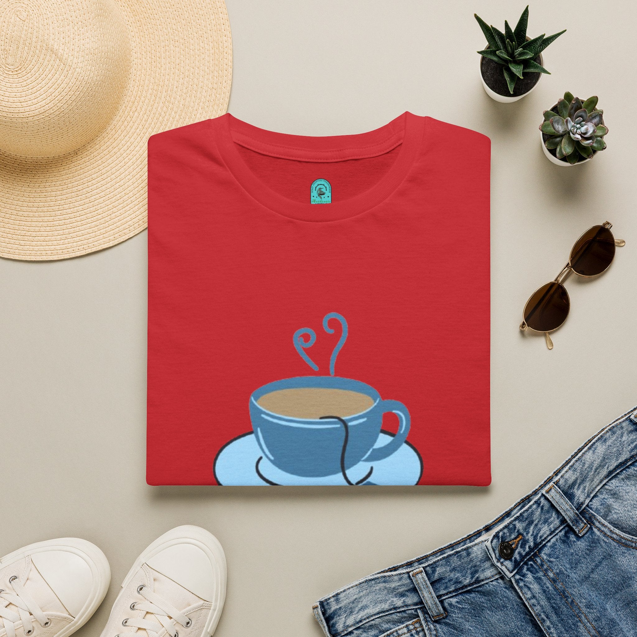 T-Shirt — Blue Coffee Cup "News Time" Graphic