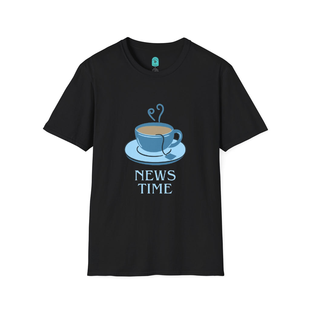 T-Shirt — Blue Coffee Cup "News Time" Graphic
