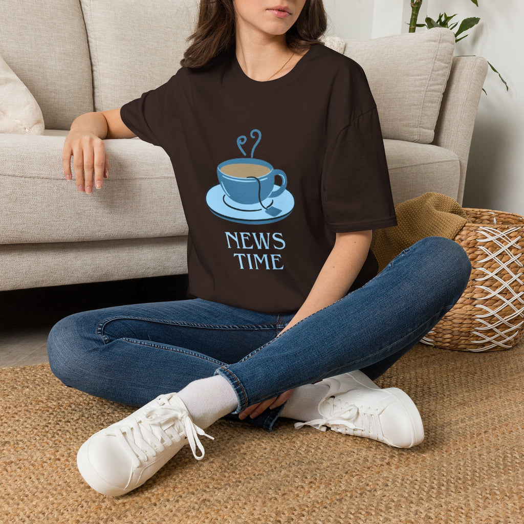 T-Shirt — Blue Coffee Cup "News Time" Graphic