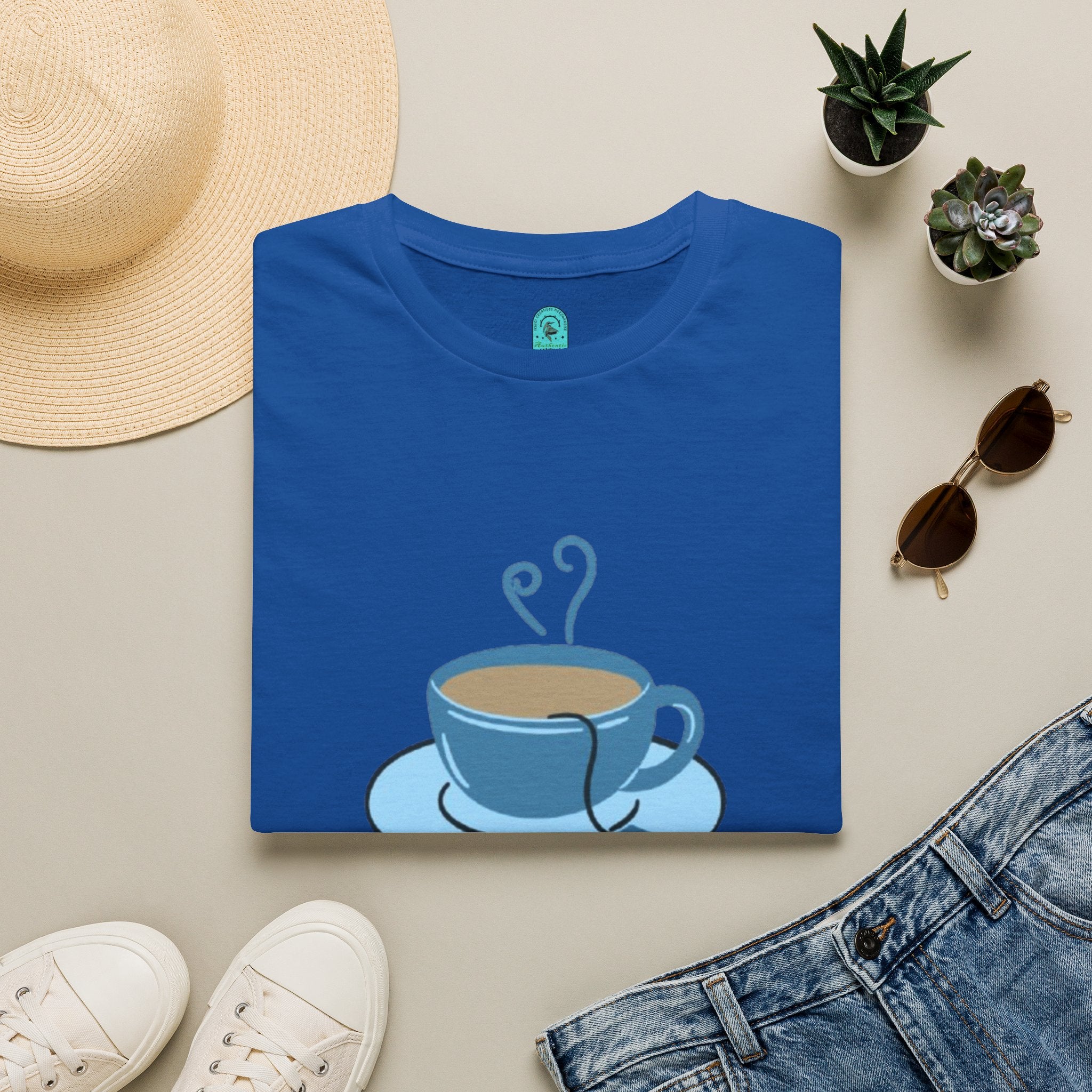 T-Shirt — Blue Coffee Cup "News Time" Graphic
